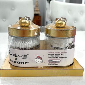 LIMITED EDITION Creme Shop HELLO KITTY Glass jar duo Cotton Pads and Swabs Gold